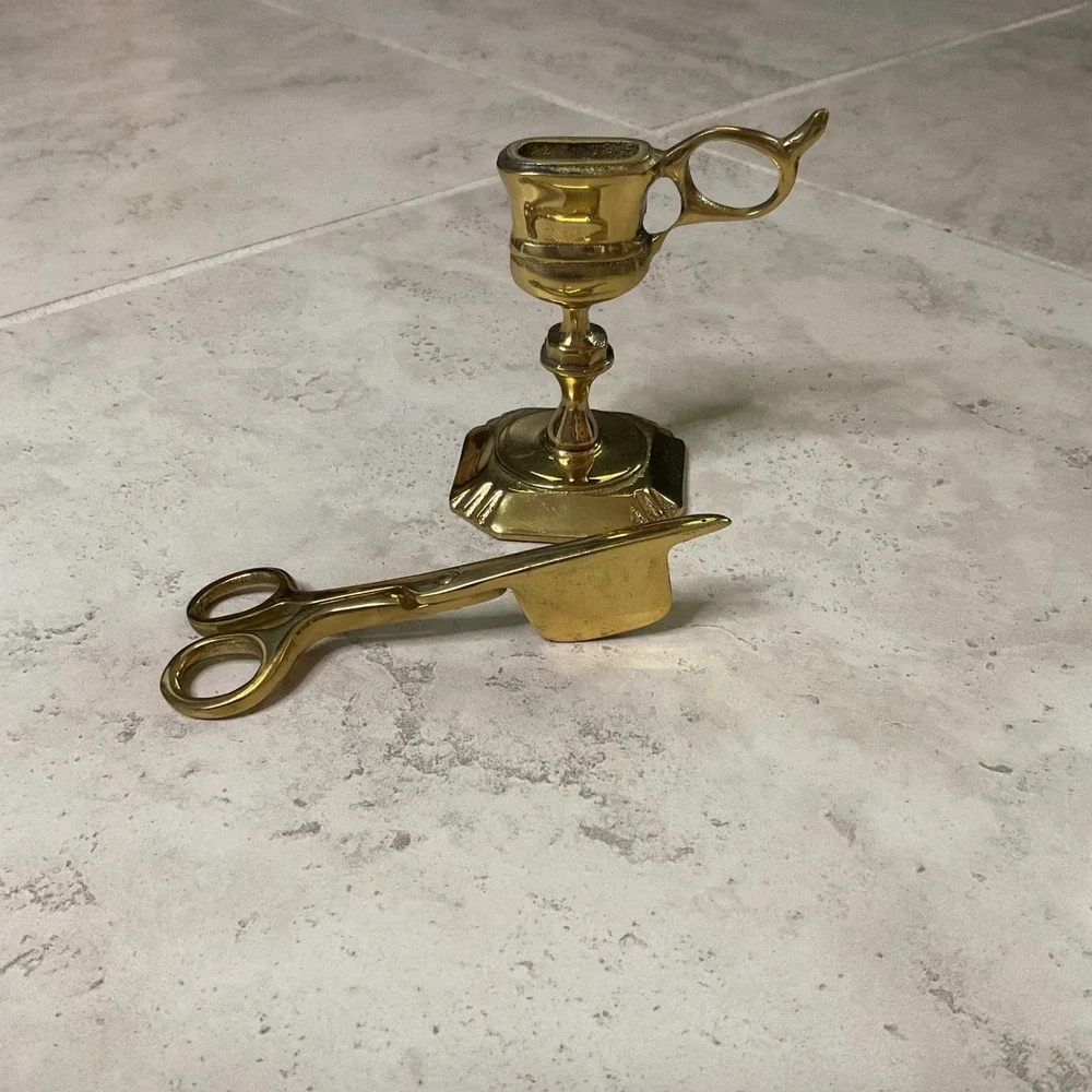 Vintage Solid Brass Candle Wick Snuffer Trimmer Scissor with Stand Made England